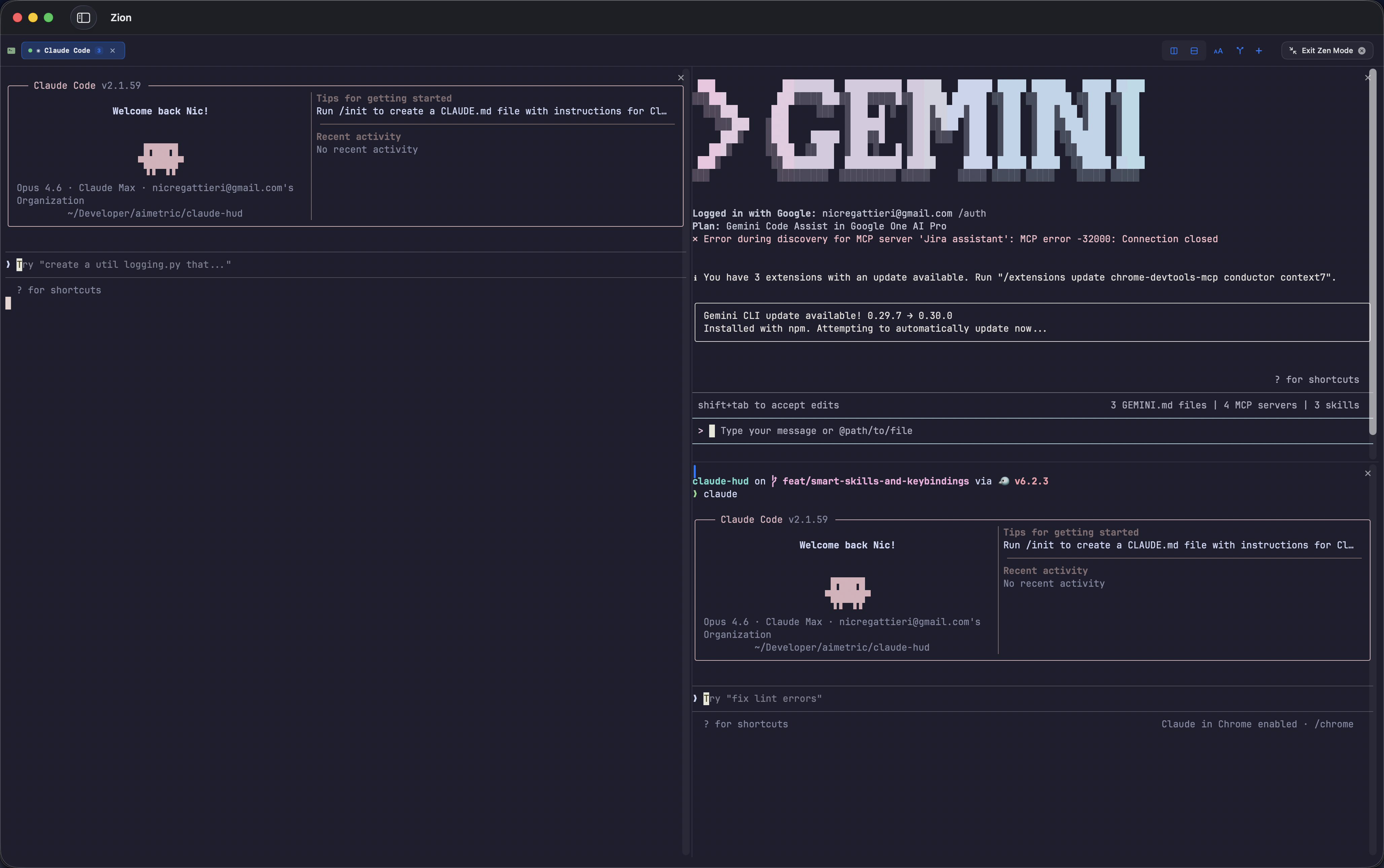 AI integration — Claude and Gemini running side by side
