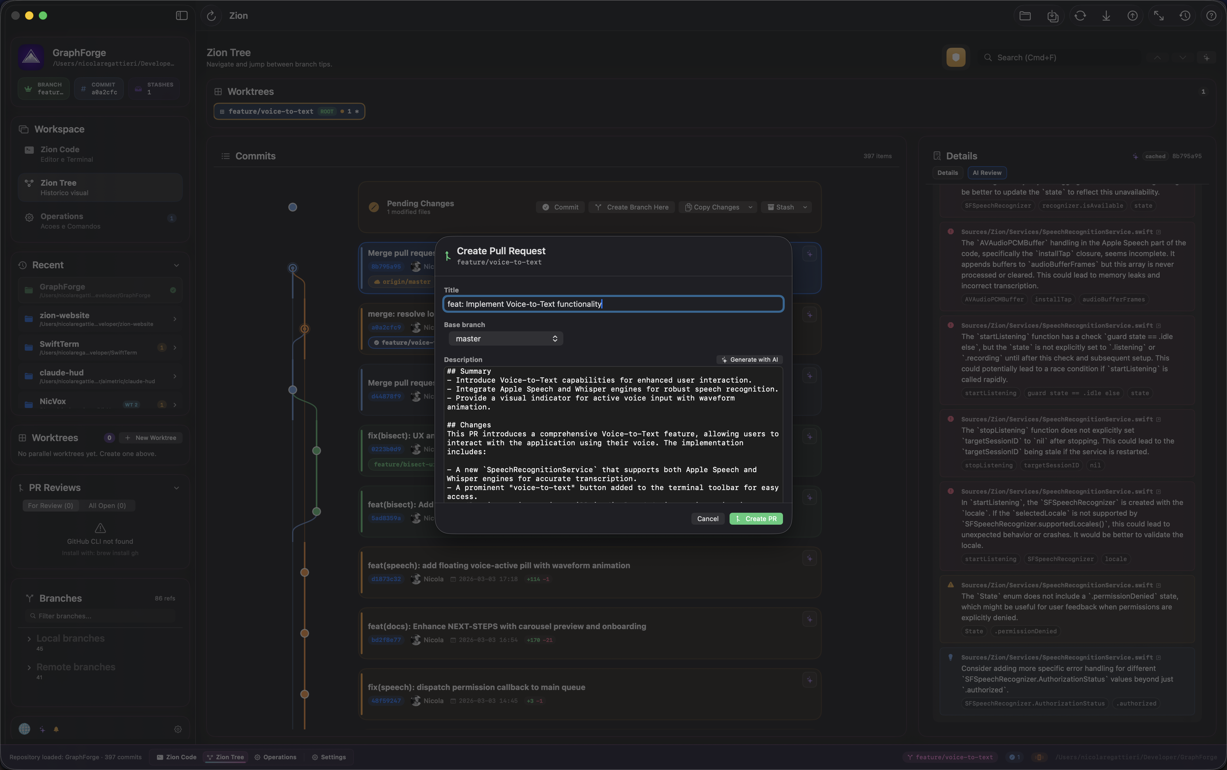 AI-generated pull request with title, summary, and changes