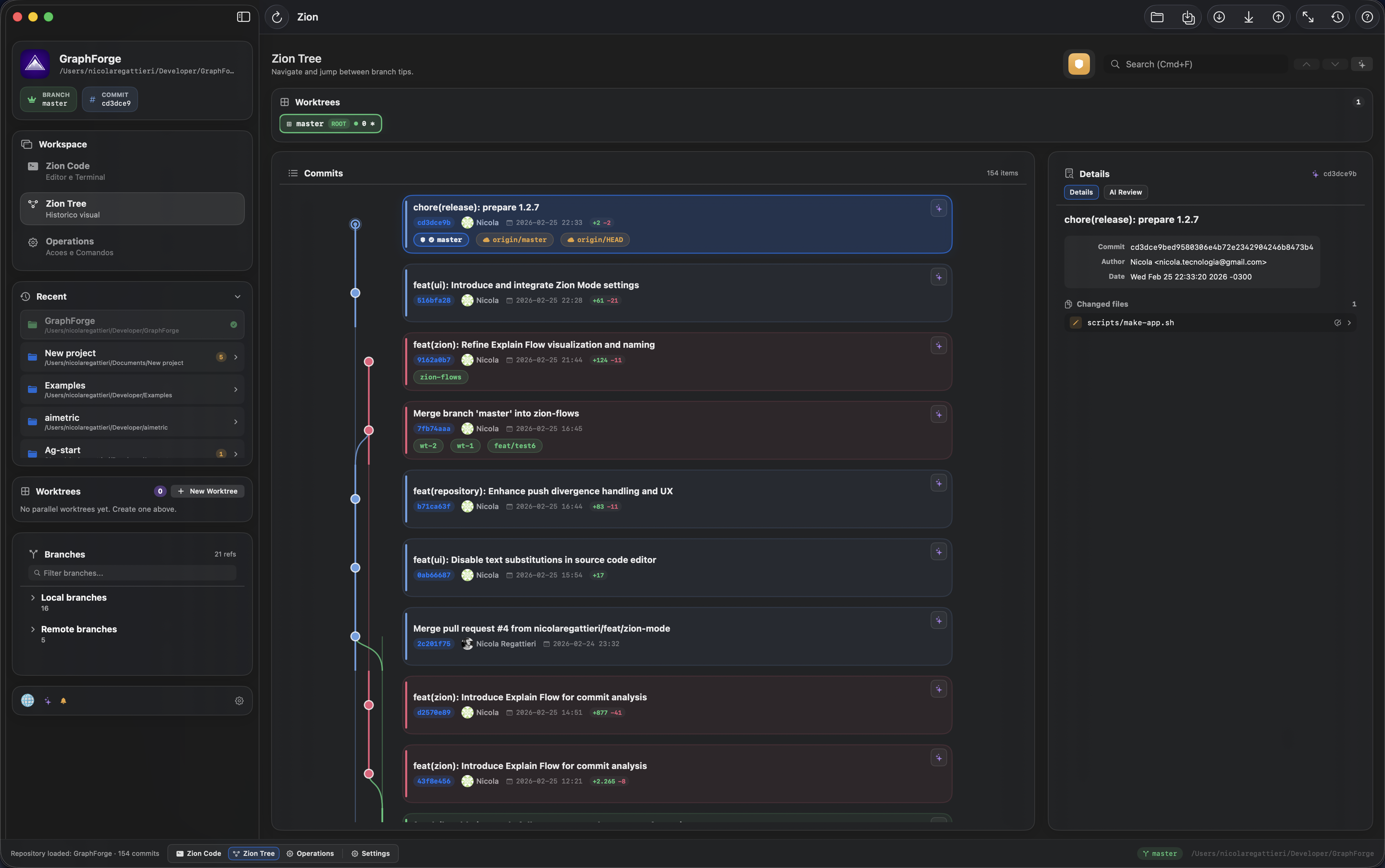Zion Tree — visual commit graph with lane-colored cards