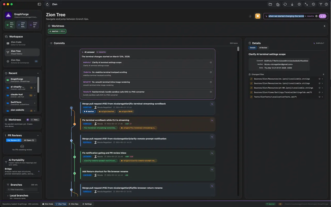 Semantic Search — asking git history 'when we started changing the terminal' with AI-powered results