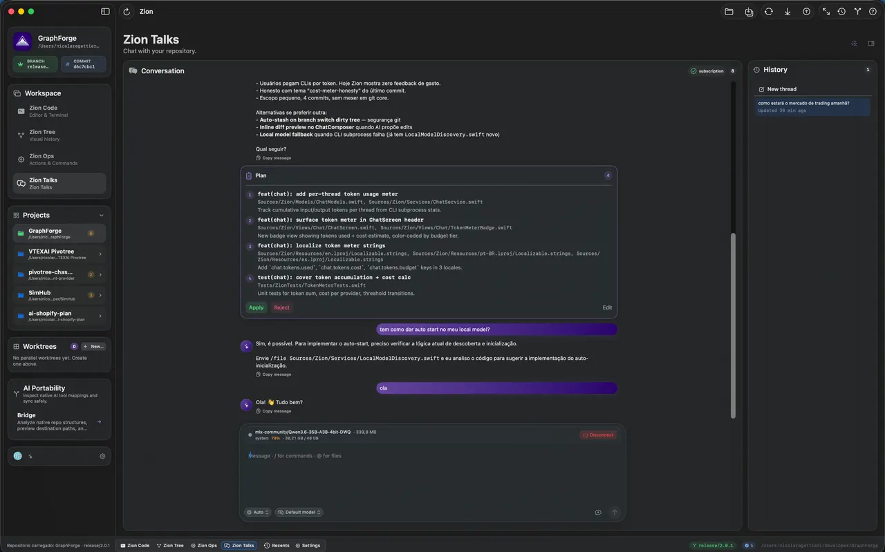 Zion Talks — Smart Auto routing (Haiku/Sonnet/Opus), local LLM with model + RAM + disconnect bar, plan card with apply/reject, per-thread history