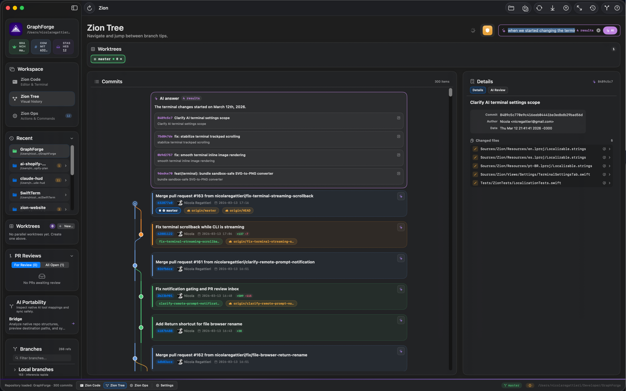 Semantic Search — asking git history 'when we started changing the terminal' with AI-powered results